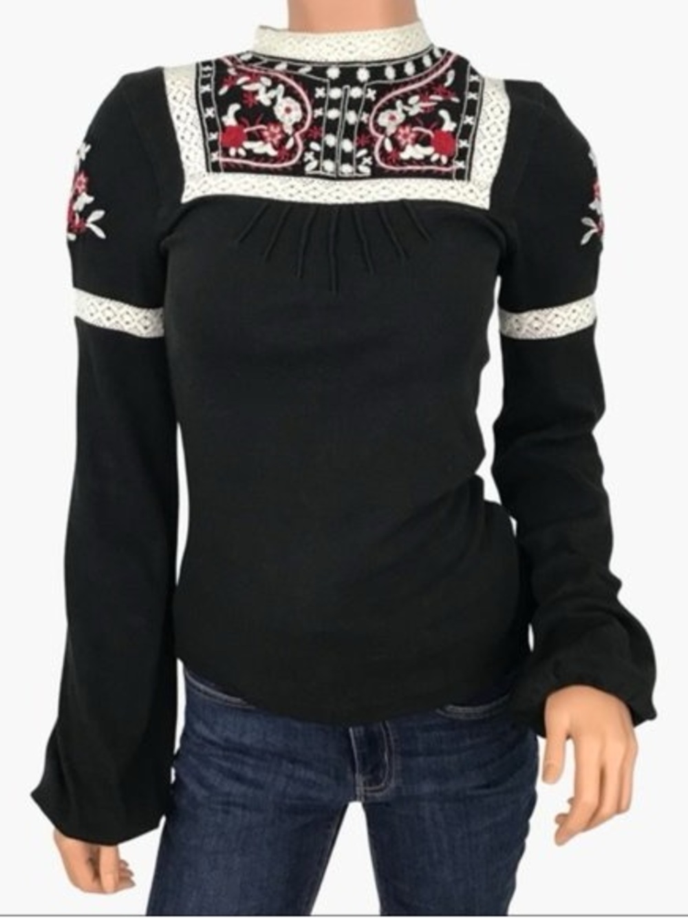 Black Embroidered Boho Top with White Lace Accents